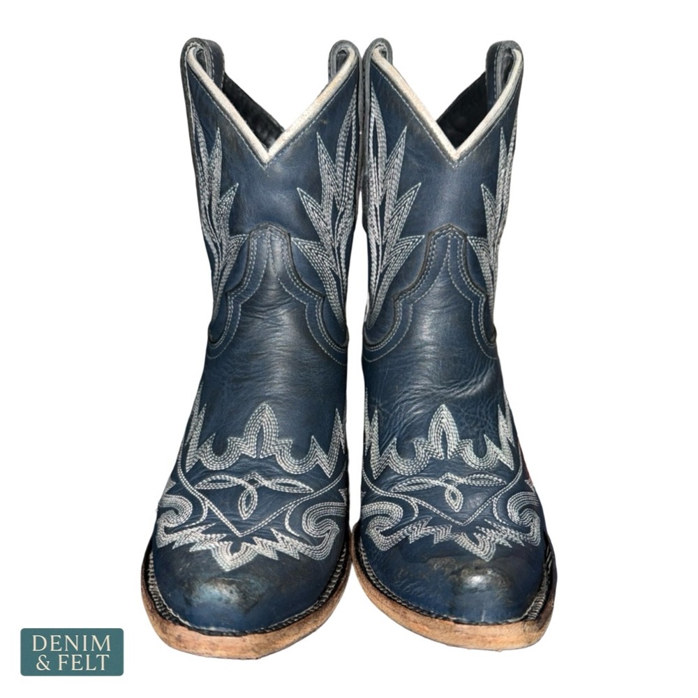 Lane Midnight‎ Blue Distressed Western Booties Snip Toe Embroidered Leather 7.5B - Picture 3 of 12